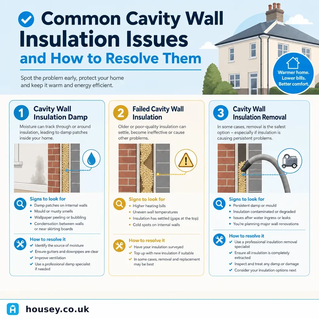 Infographic illustrating: Common Cavity Wall Insulation Issues and How to Resolve Them