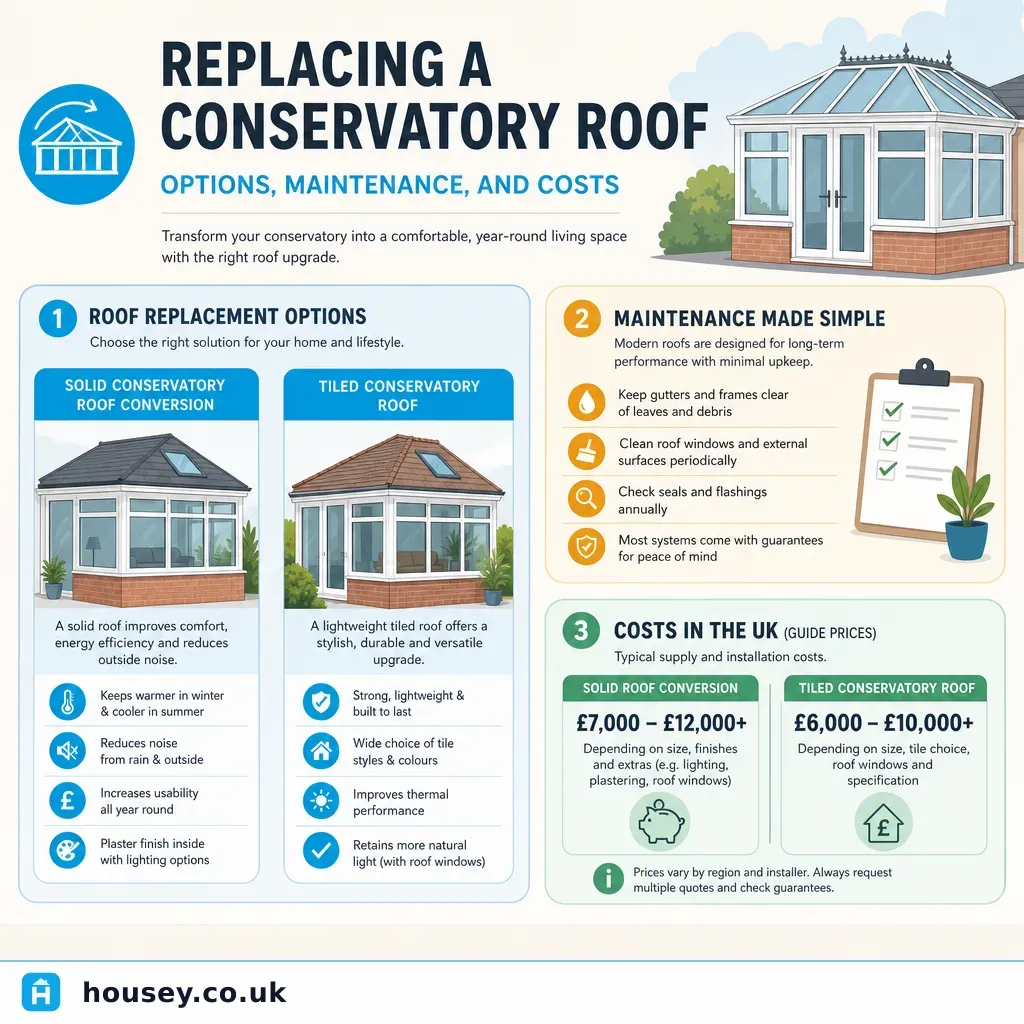 Infographic illustrating: Replacing a Conservatory Roof: Options, Maintenance, and Costs