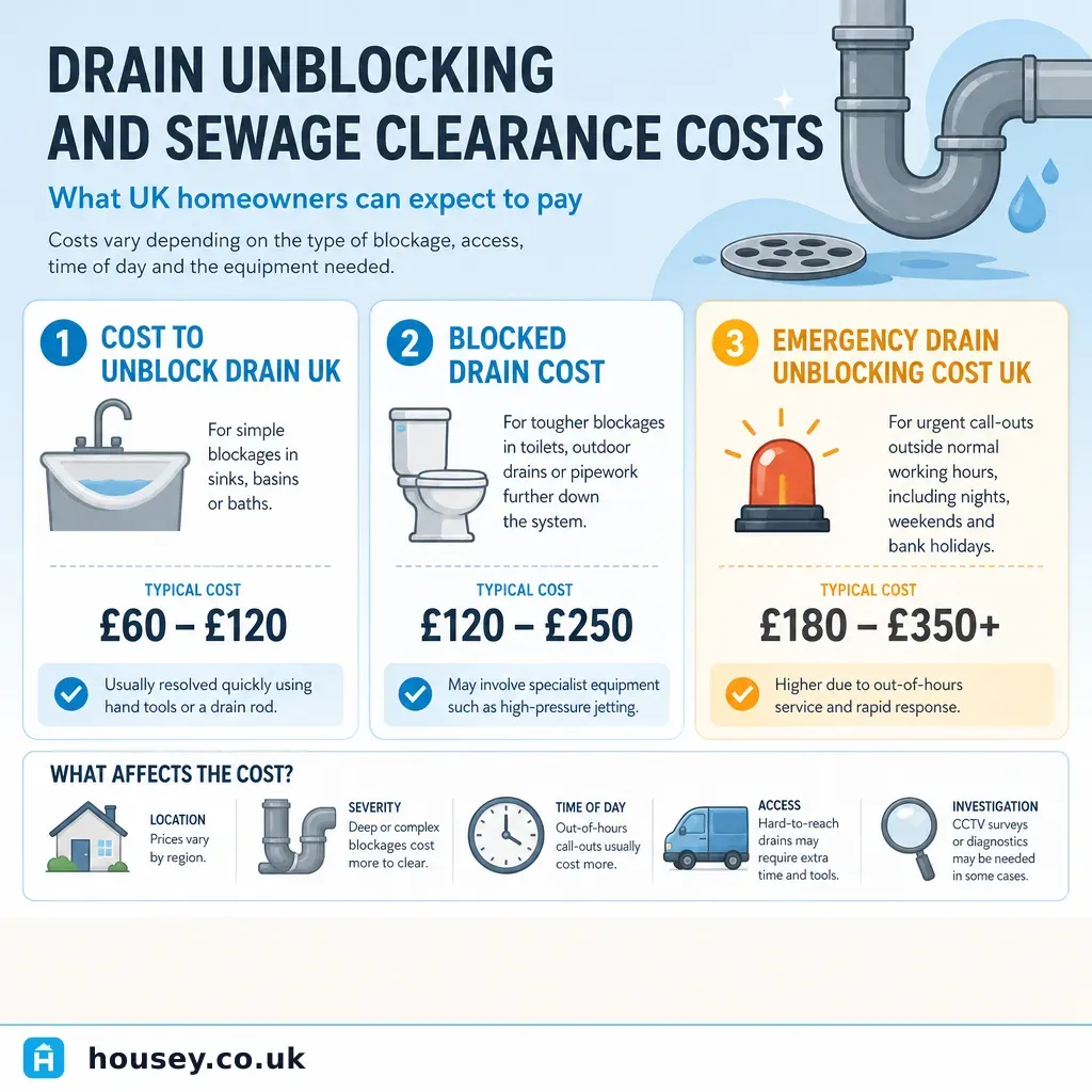 Infographic illustrating: Drain Unblocking and Sewage Clearance Costs