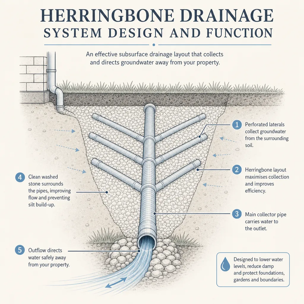 Diagram illustrating: Herringbone Drainage System Design and Function