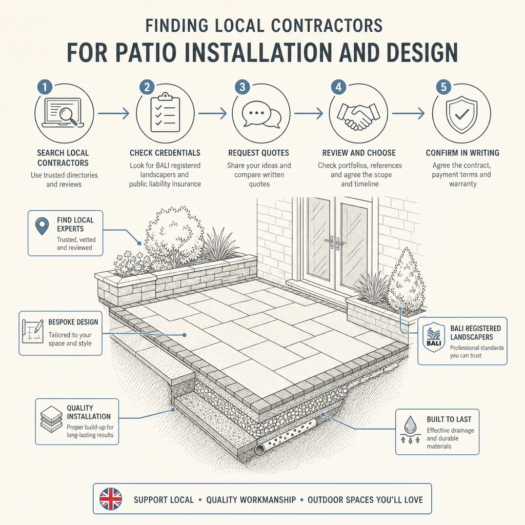 Diagram illustrating: Finding Local Contractors for Patio Installation and Design