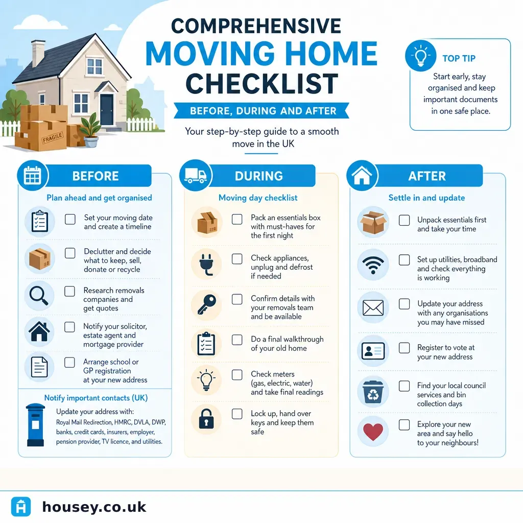 Infographic illustrating: Comprehensive Moving Home Checklist: Before, During and After