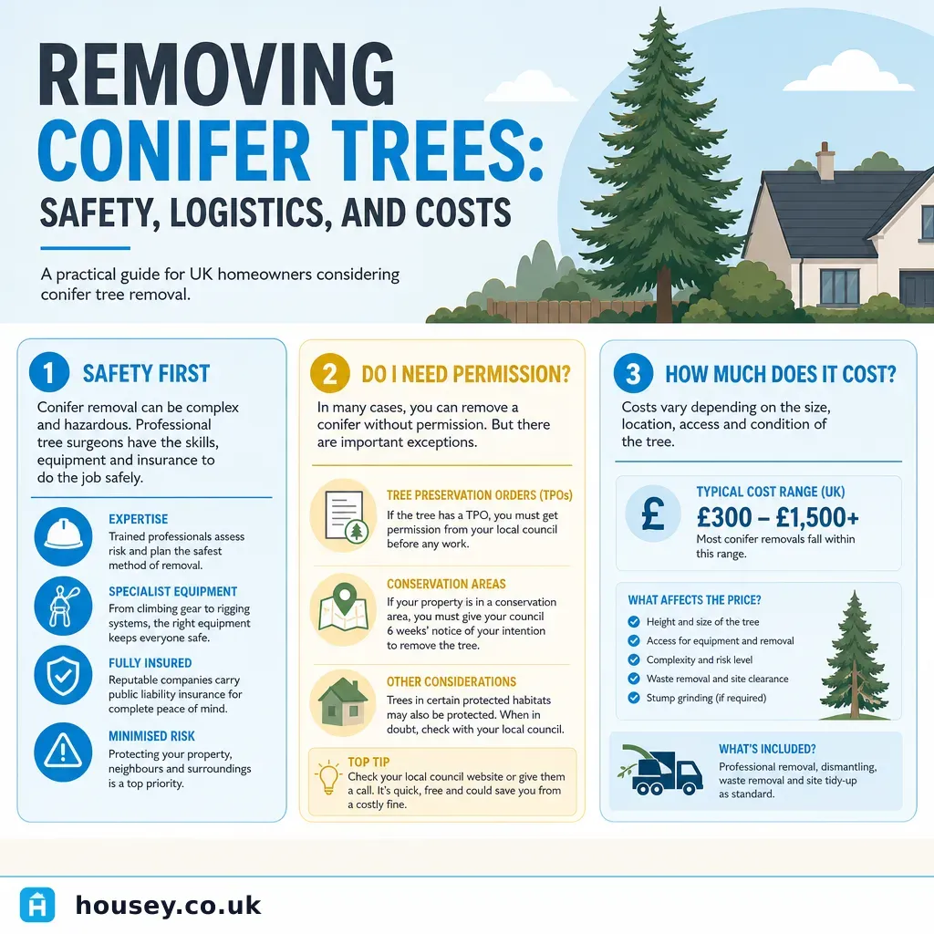Infographic illustrating: Removing Conifer Trees: Safety, Logistics, and Costs