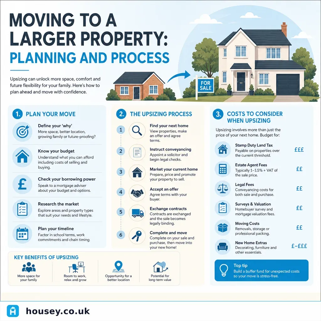 Infographic illustrating: Moving to a Larger Property: Planning and Process