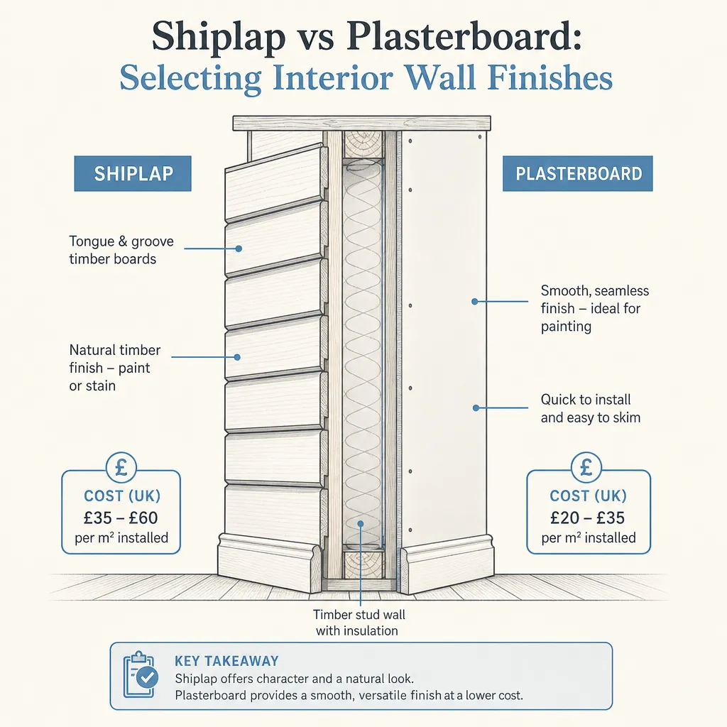 Diagram illustrating: Shiplap vs Plasterboard: Selecting Interior Wall Finishes