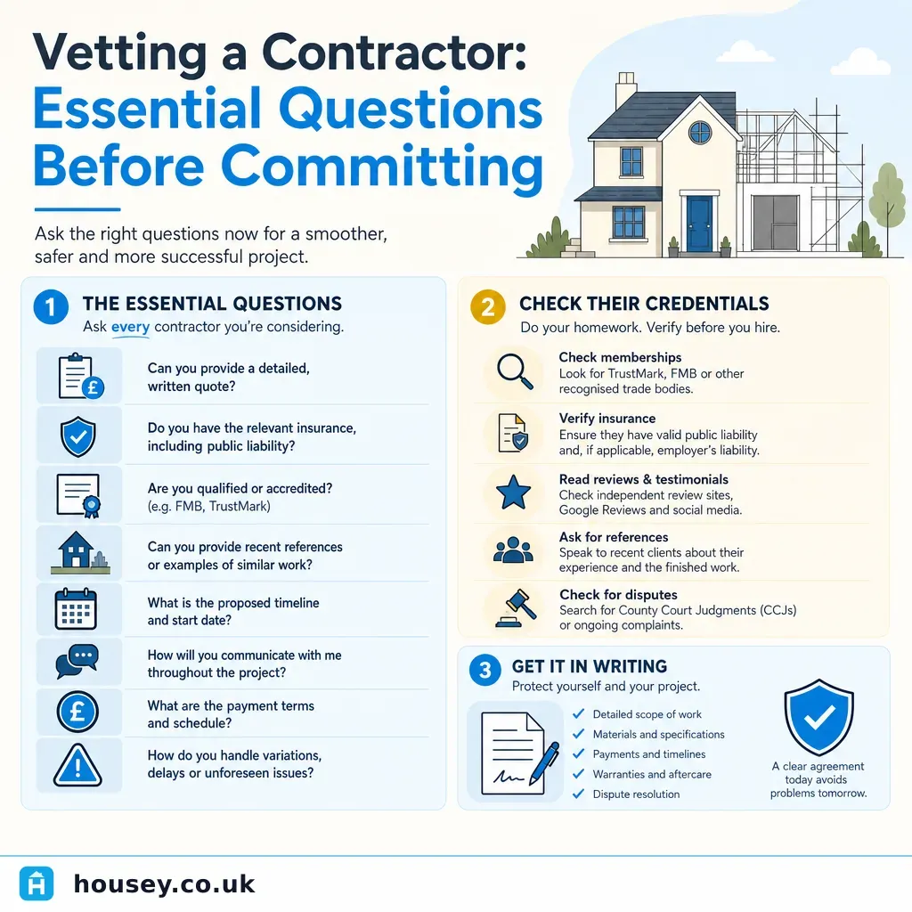 Infographic illustrating: Vetting a Contractor: Essential Questions Before Committing