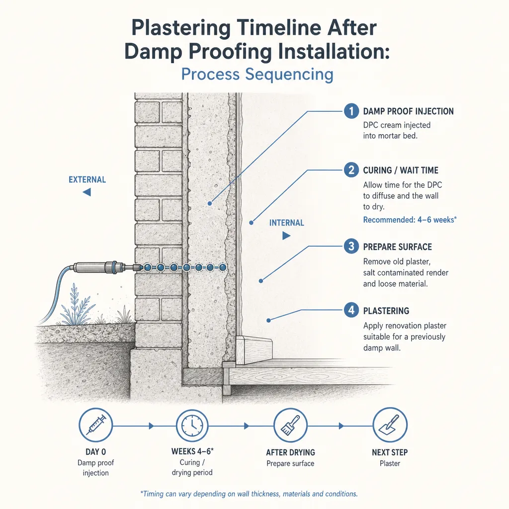 Diagram illustrating: Plastering Timeline After Damp Proofing Installation: Process Sequencing
