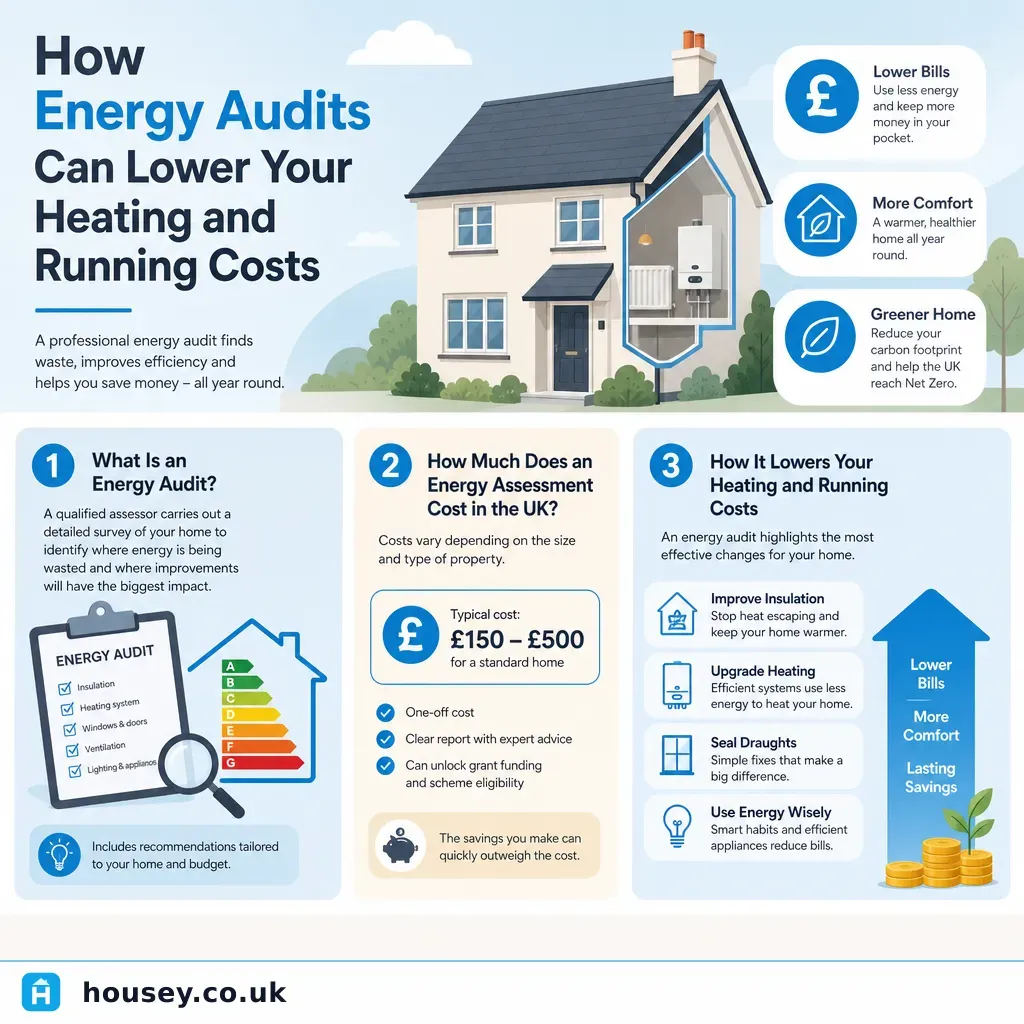 Infographic illustrating: How Energy Audits Can Lower Your Heating and Running Costs