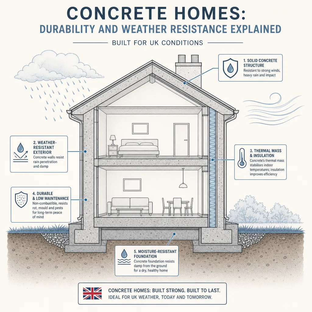 Diagram illustrating: Concrete Homes: Durability and Weather Resistance Explained