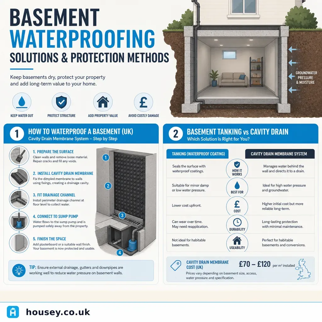 Infographic illustrating: Basement Waterproofing Solutions and Protection Methods