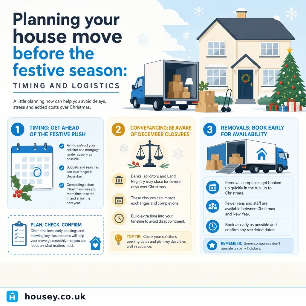 Infographic illustrating: Planning your house move before the festive season: timing and logistics