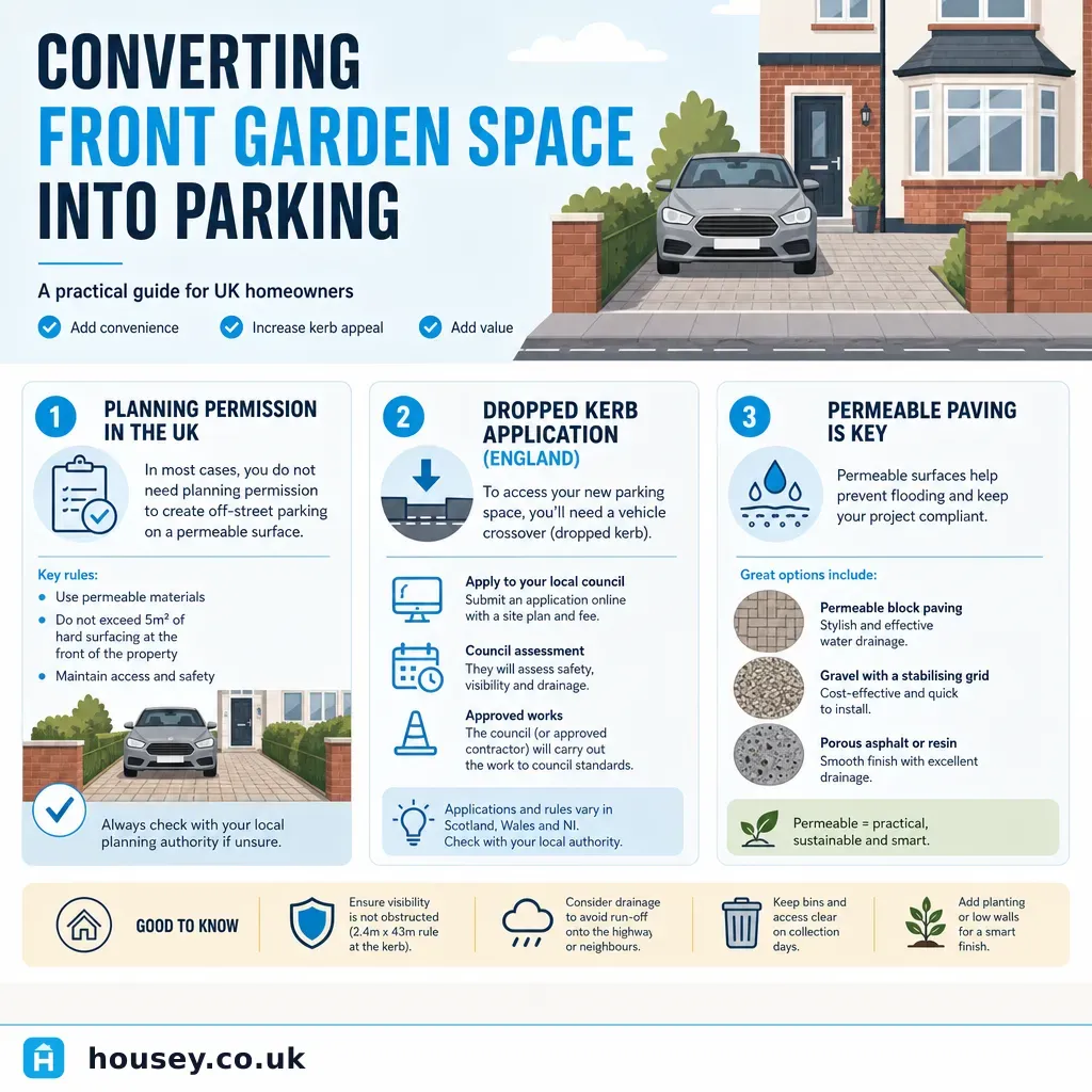 Infographic illustrating: Converting Front Garden Space into Parking