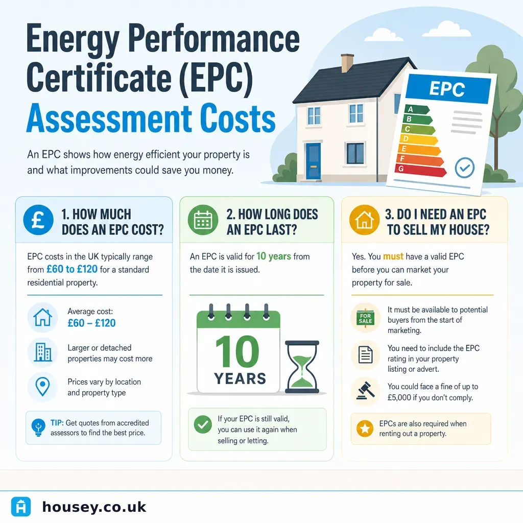 Infographic illustrating: Energy Performance Certificate (EPC) Assessment Costs