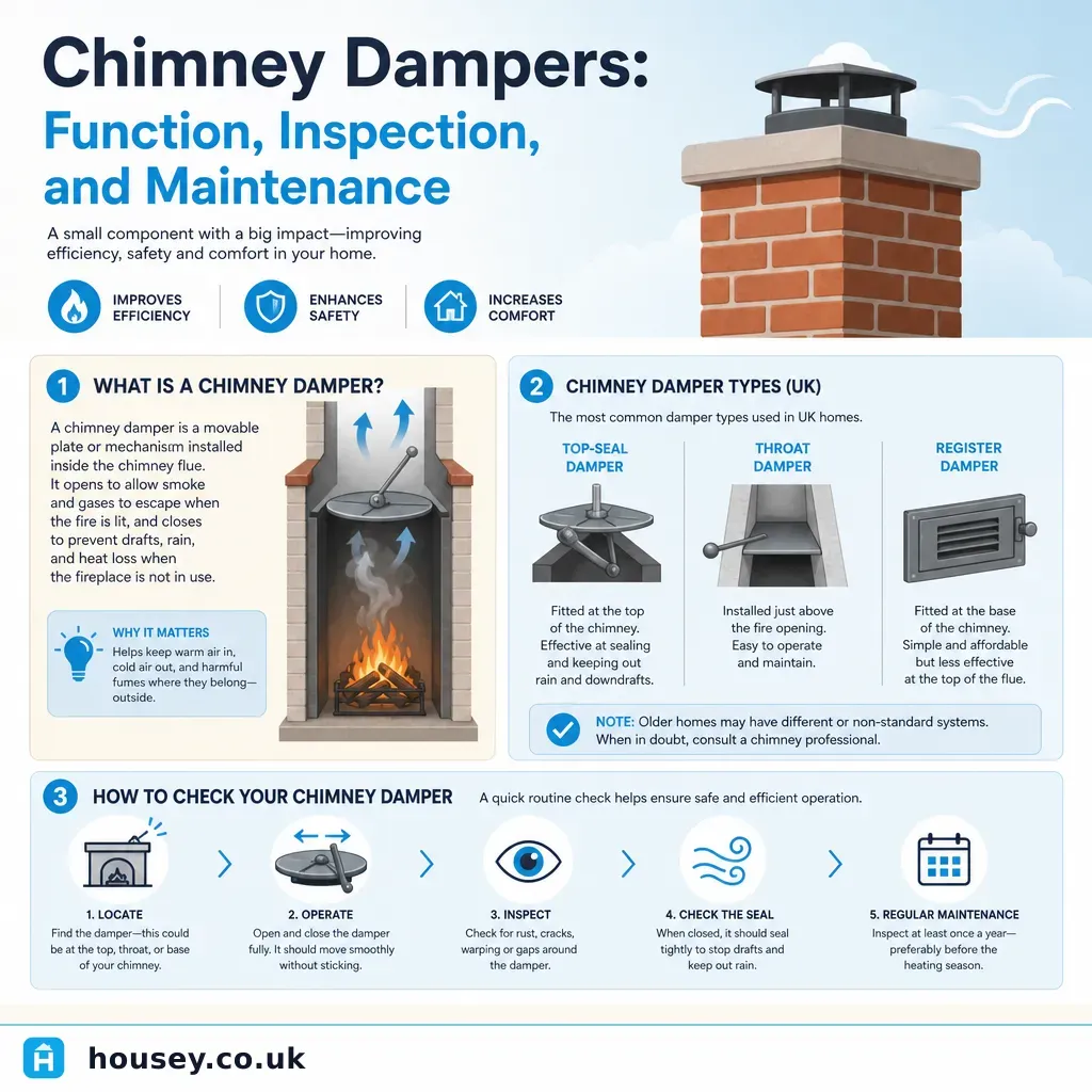 Infographic illustrating: Chimney Dampers: Function, Inspection, and Maintenance