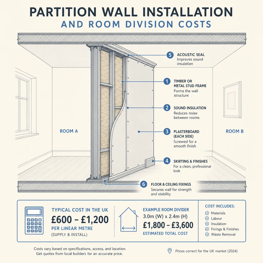 Diagram illustrating: Partition Wall Installation and Room Division Costs