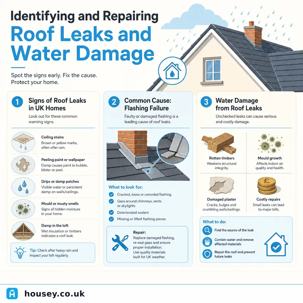 Infographic illustrating: Identifying and Repairing Roof Leaks and Water Damage