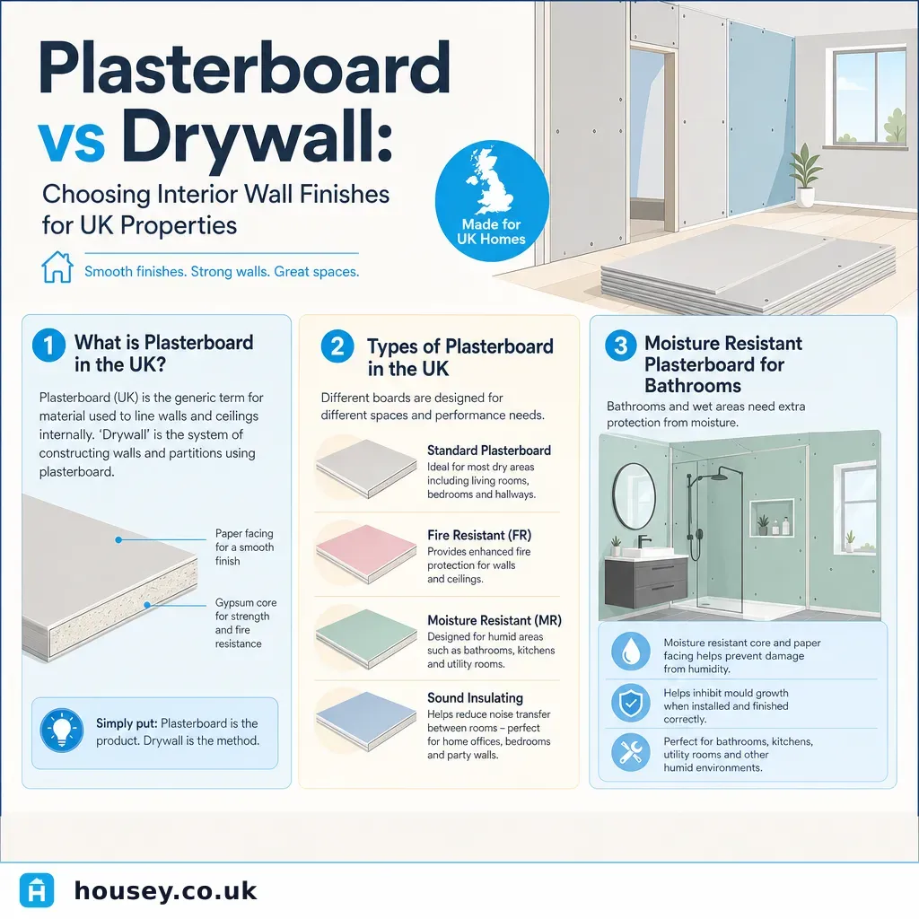 Infographic illustrating: Plasterboard vs Drywall: Choosing Interior Wall Finishes for UK Properties