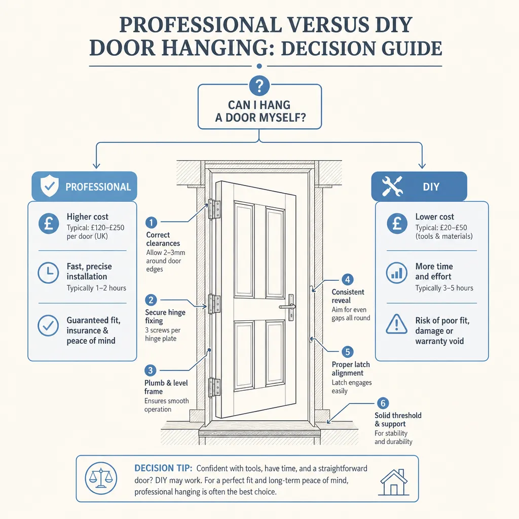 Diagram illustrating: Professional Versus DIY Door Hanging: Decision Guide