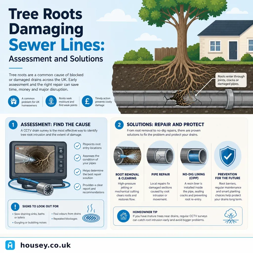 Infographic illustrating: Tree Roots Damaging Sewer Lines: Assessment and Solutions