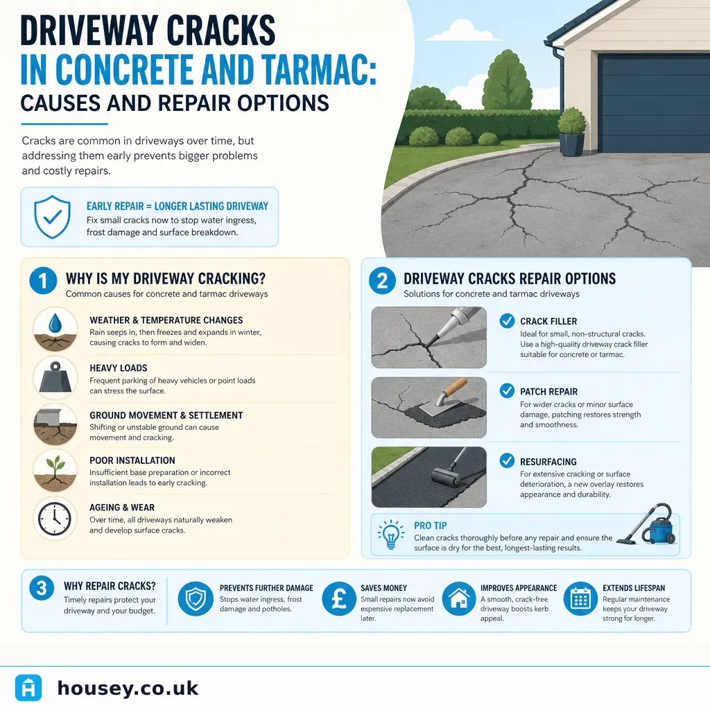 Infographic illustrating: Driveway Cracks in Concrete and Tarmac: Causes and Repair Options