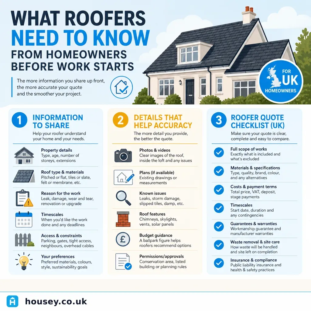 Infographic illustrating: What Roofers Need to Know From Homeowners Before Work Starts