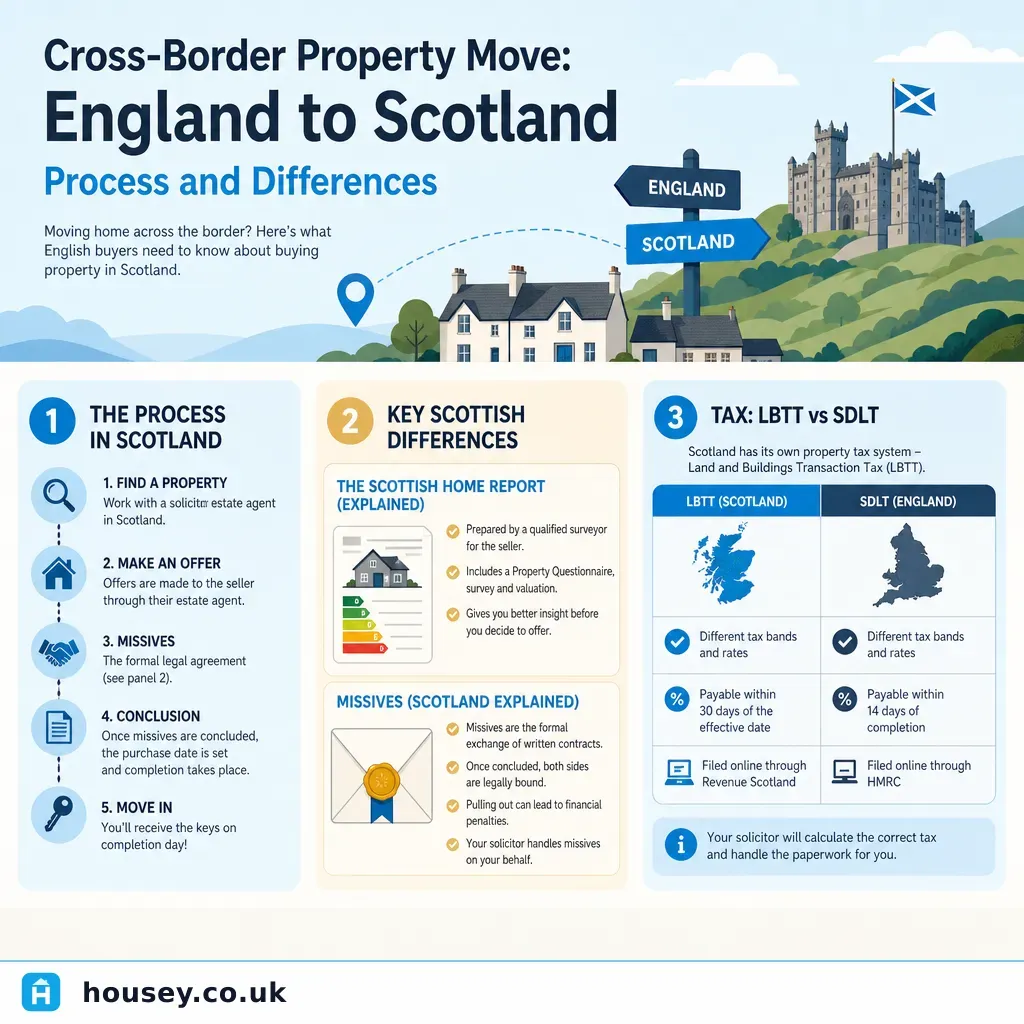 Infographic illustrating: Cross-Border Property Move: England to Scotland — Process and Differences