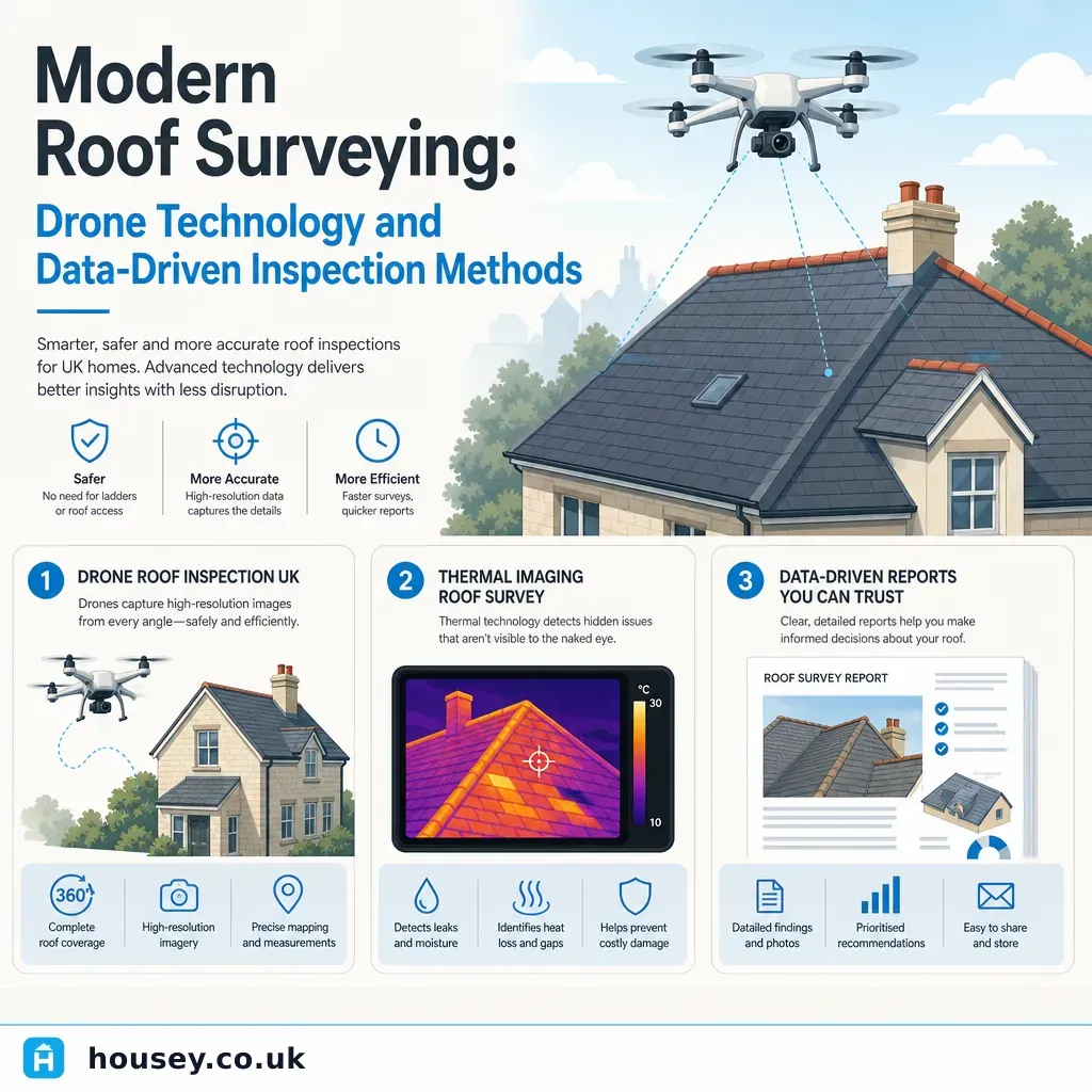 Infographic illustrating: Modern Roof Surveying: Drone Technology and Data-Driven Inspection Methods