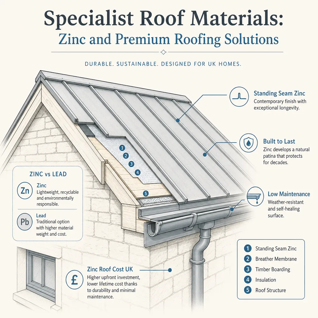 Diagram illustrating: Specialist Roof Materials: Zinc and Premium Roofing Solutions