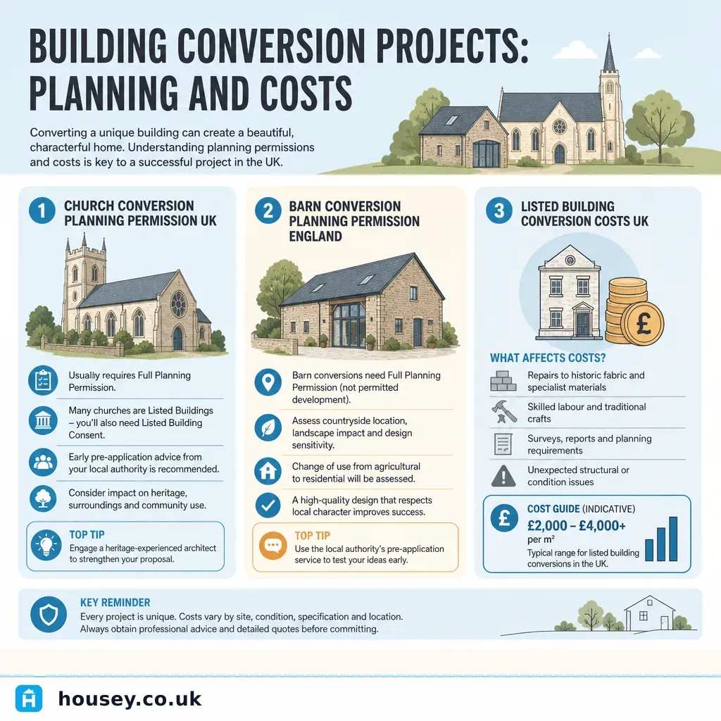 Infographic illustrating: Building Conversion Projects: Planning and Costs