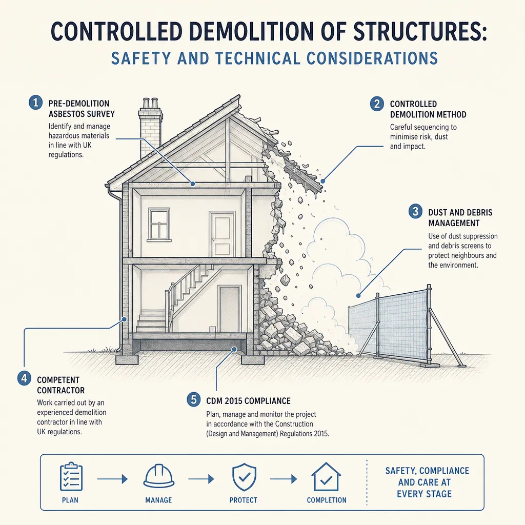 Diagram illustrating: Controlled Demolition of Structures: Safety and Technical Considerations