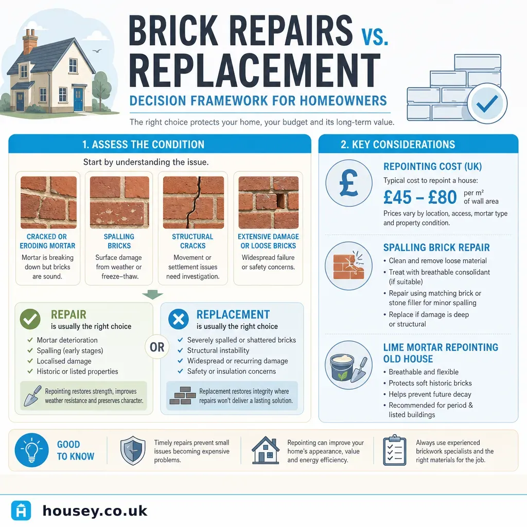 Infographic illustrating: Brick Repairs vs. Replacement: Decision Framework for Homeowners