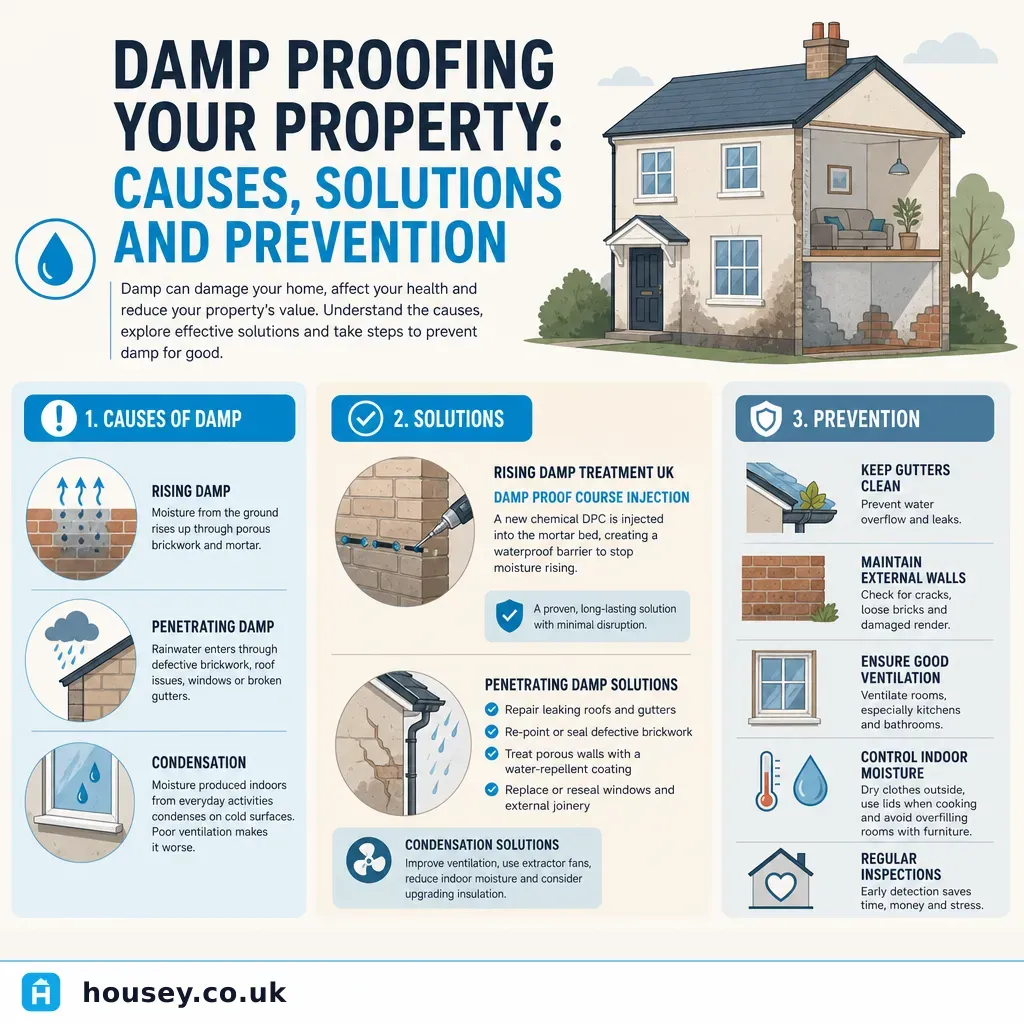 Infographic illustrating: Damp Proofing Your Property: Causes, Solutions and Prevention