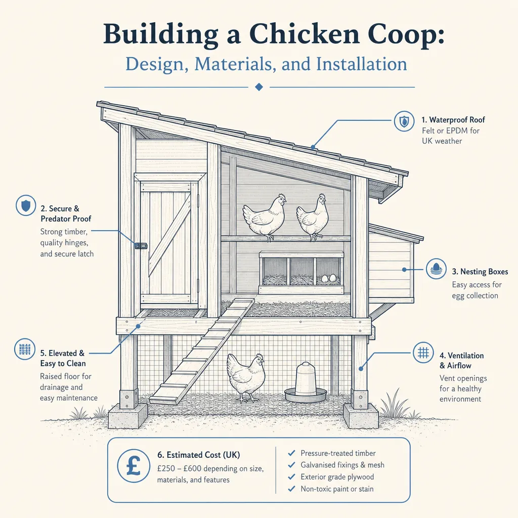 Diagram illustrating: Building a Chicken Coop: Design, Materials, and Installation