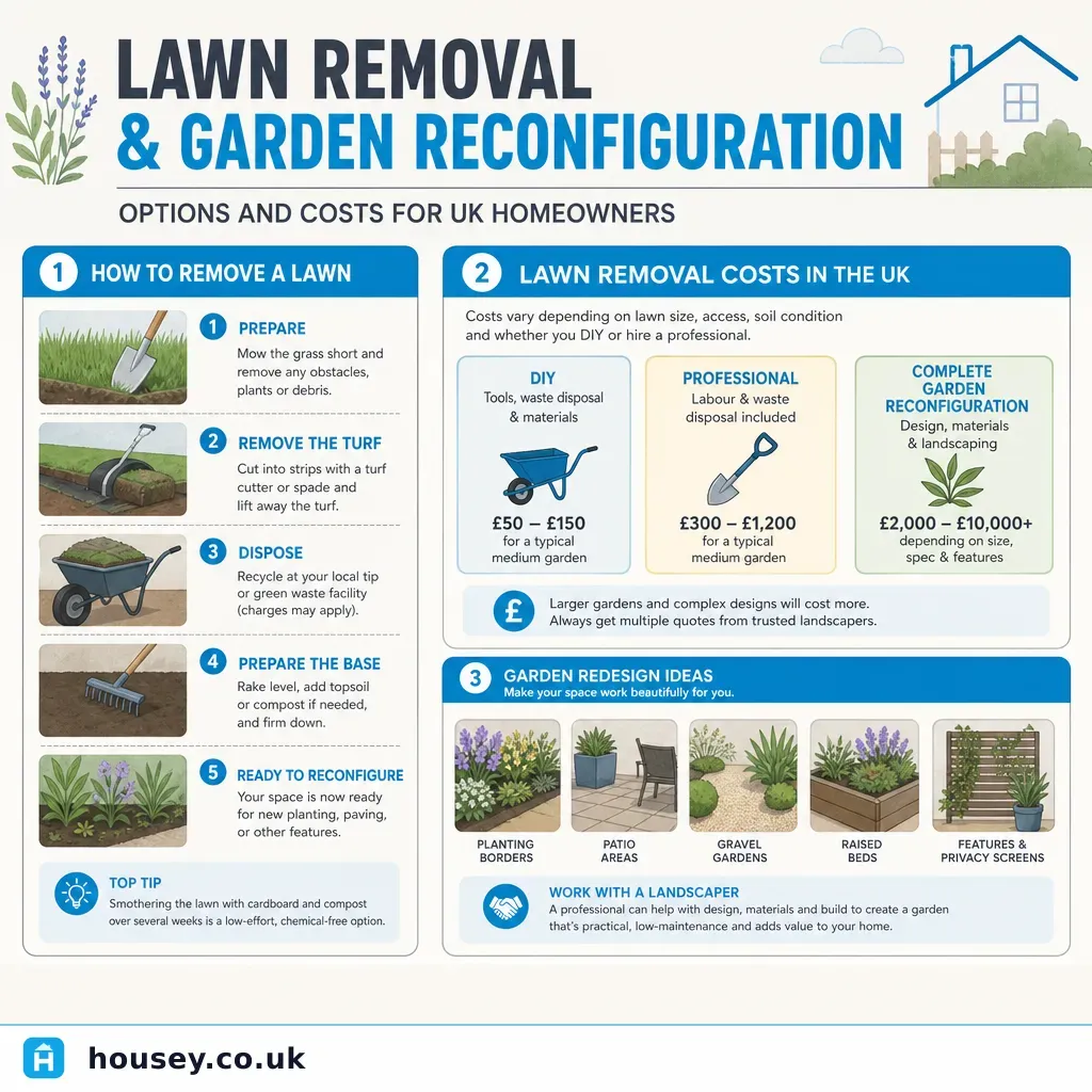 Infographic illustrating: Lawn Removal and Garden Reconfiguration: Options and Costs