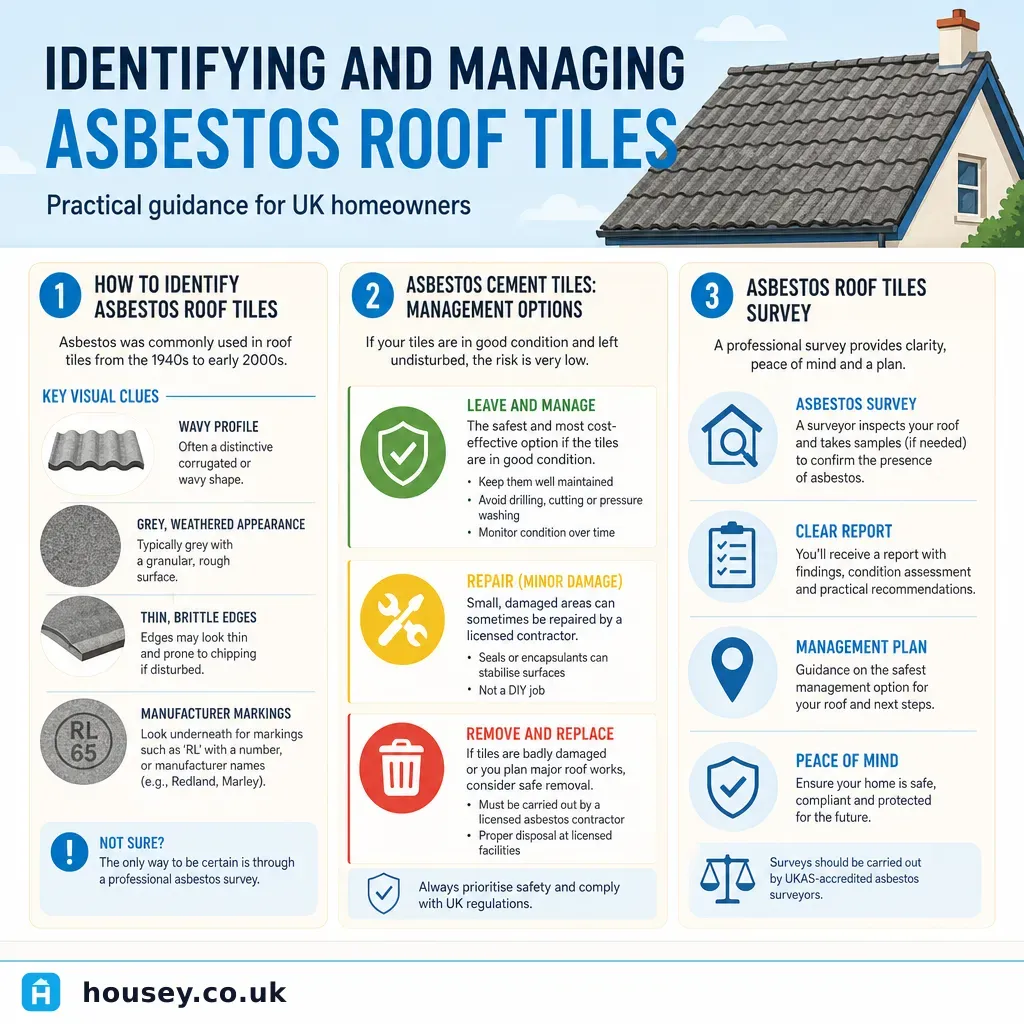 Infographic illustrating: Identifying and managing asbestos roof tiles