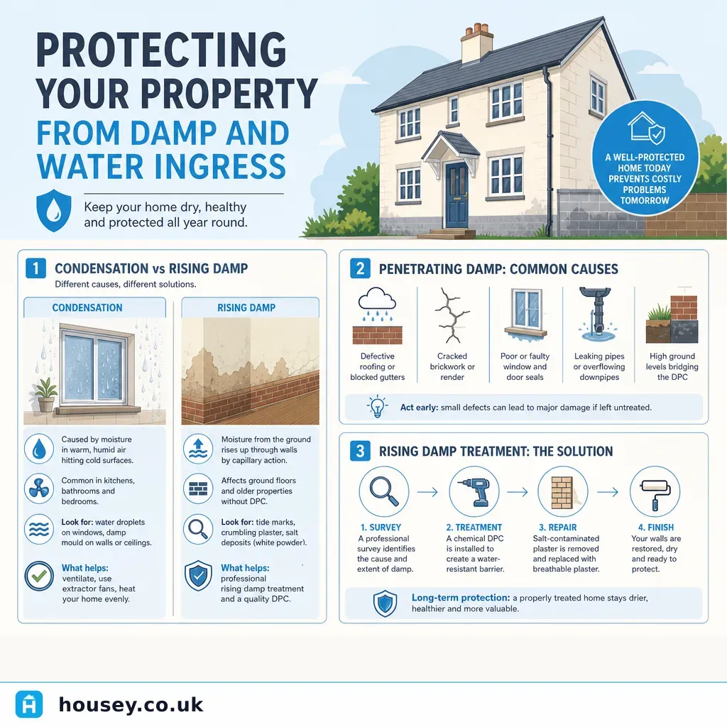 Infographic illustrating: Protecting Your Property from Damp and Water Ingress