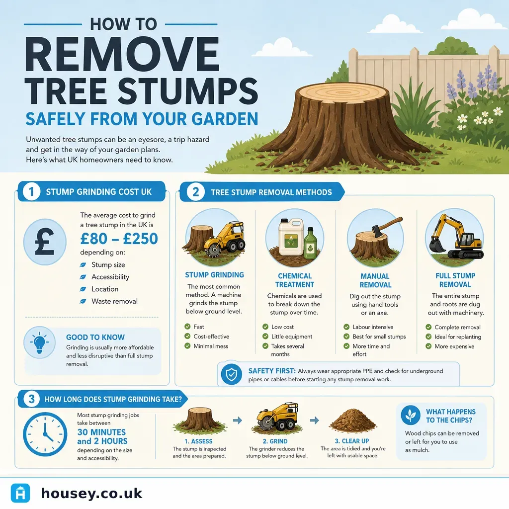 Infographic illustrating: How to Remove Tree Stumps Safely from Your Garden