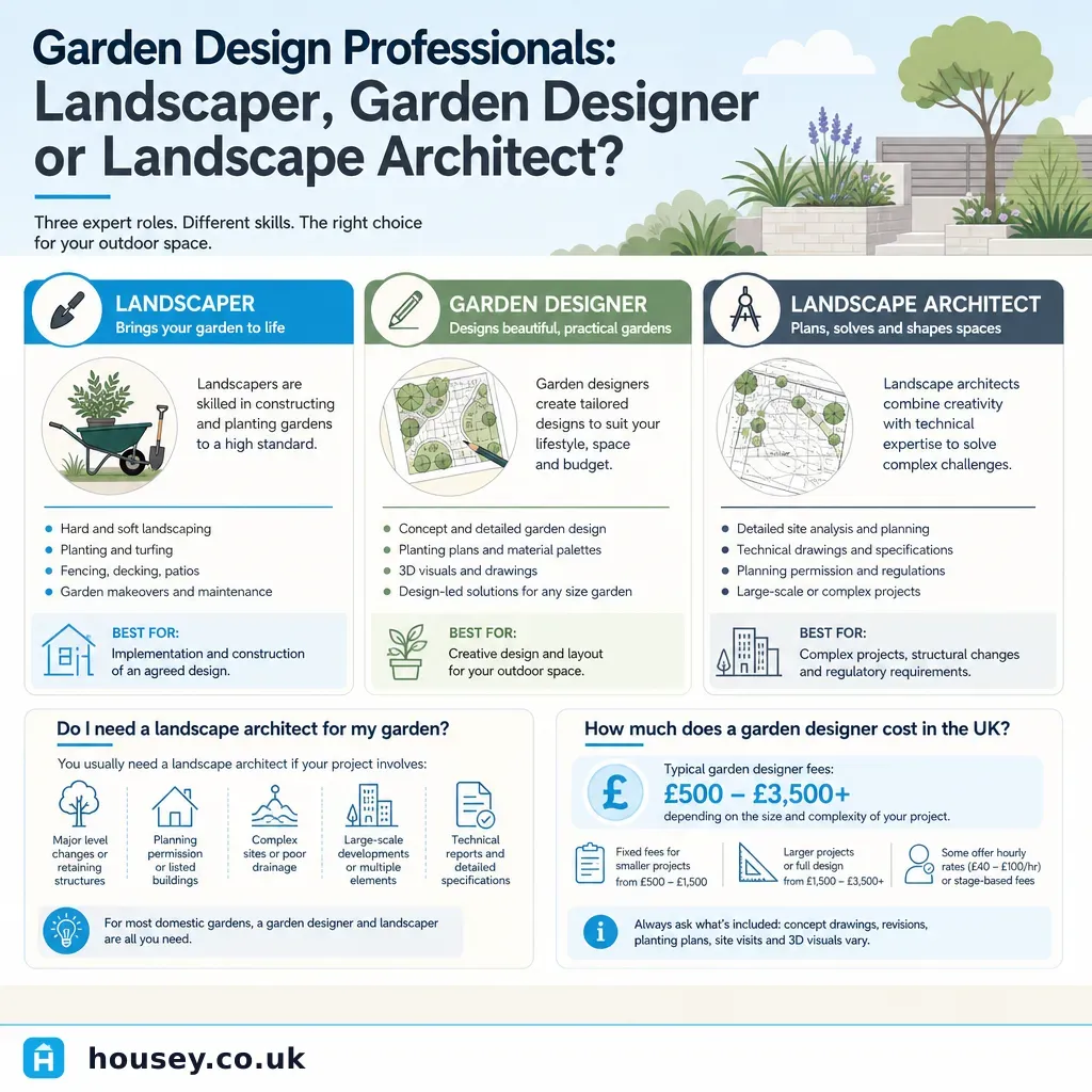 Infographic illustrating: Garden Design Professionals: Landscaper, Garden Designer or Landscape Architect?