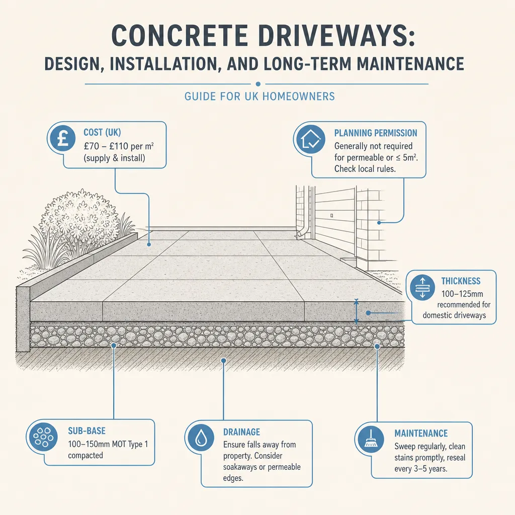 Diagram illustrating: Concrete Driveways: Design, Installation, and Long-Term Maintenance