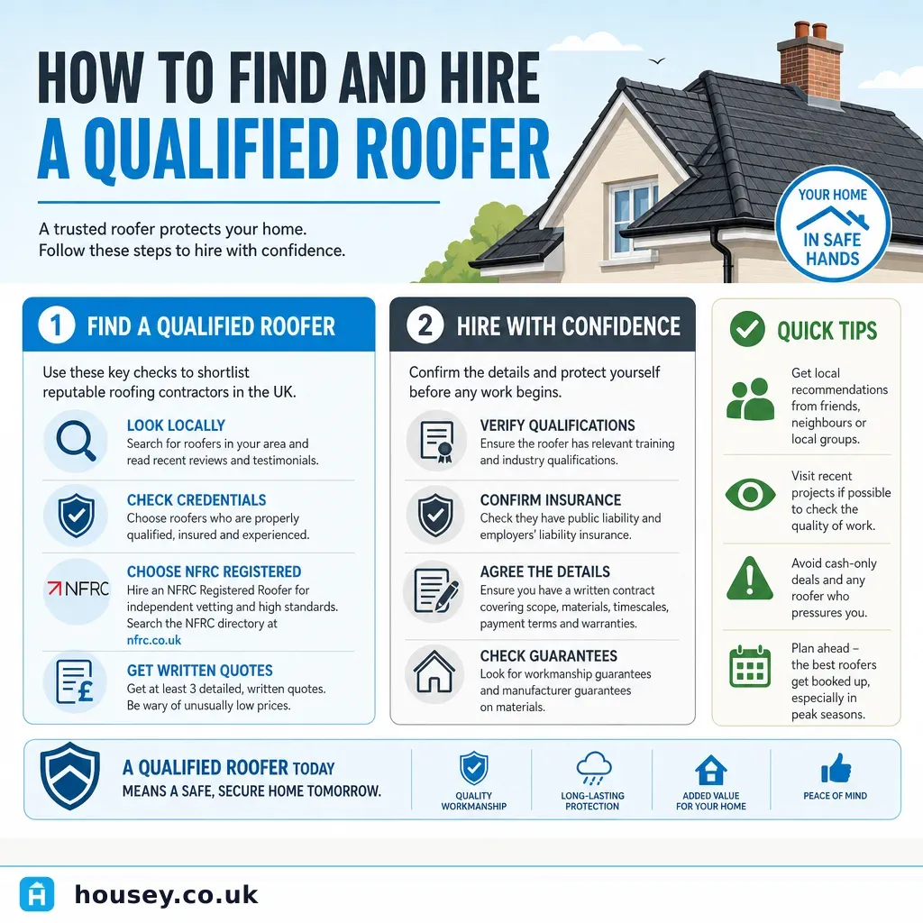 Infographic illustrating: How to Find and Hire a Qualified Roofer