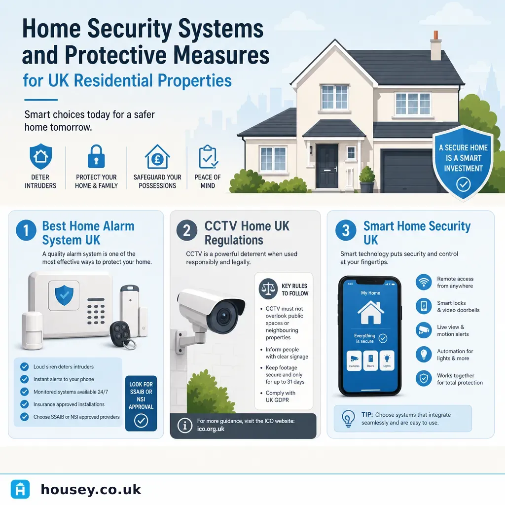 Infographic illustrating: Home Security Systems and Protective Measures for UK Residential Properties