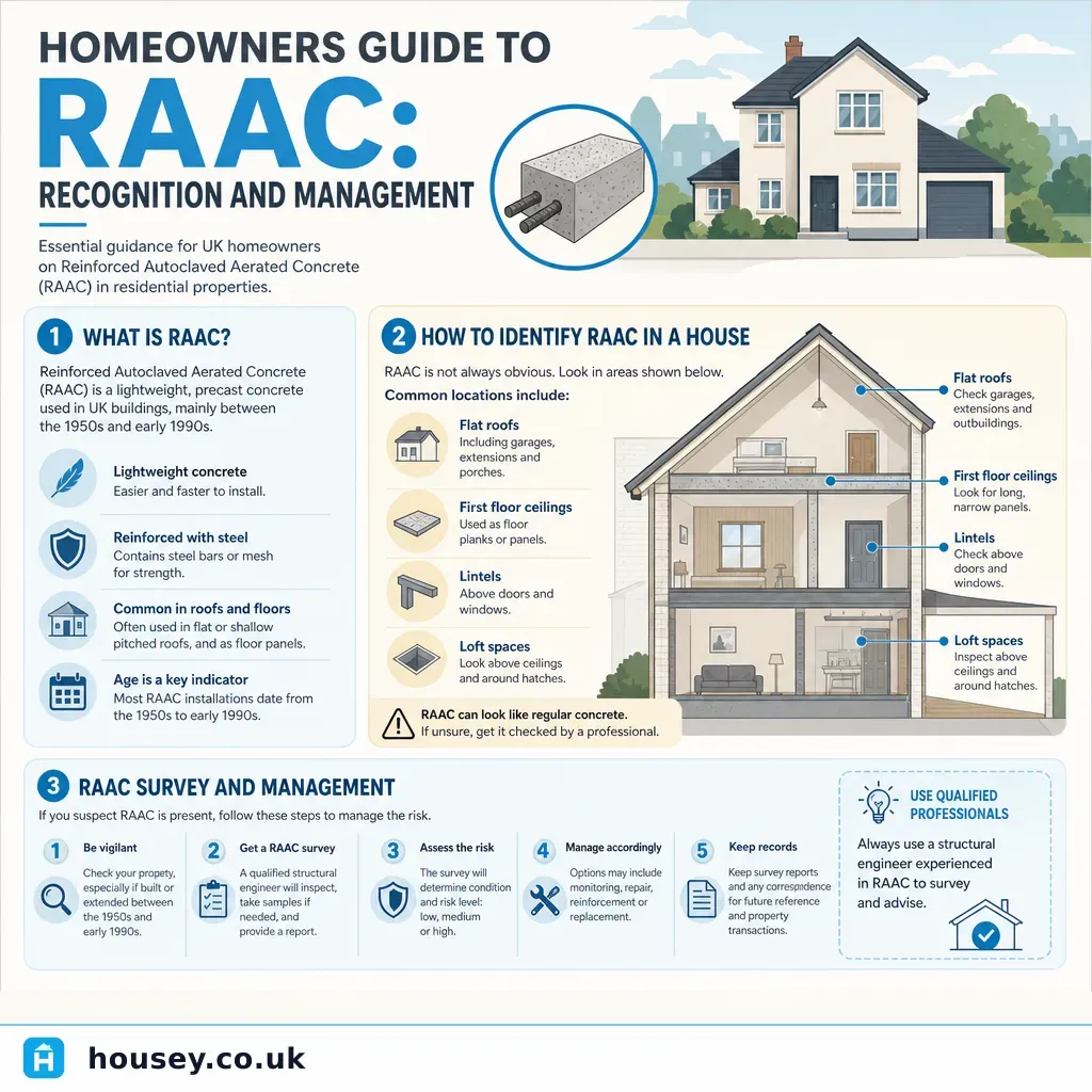 Infographic illustrating: Homeowners Guide to RAAC: Recognition and Management