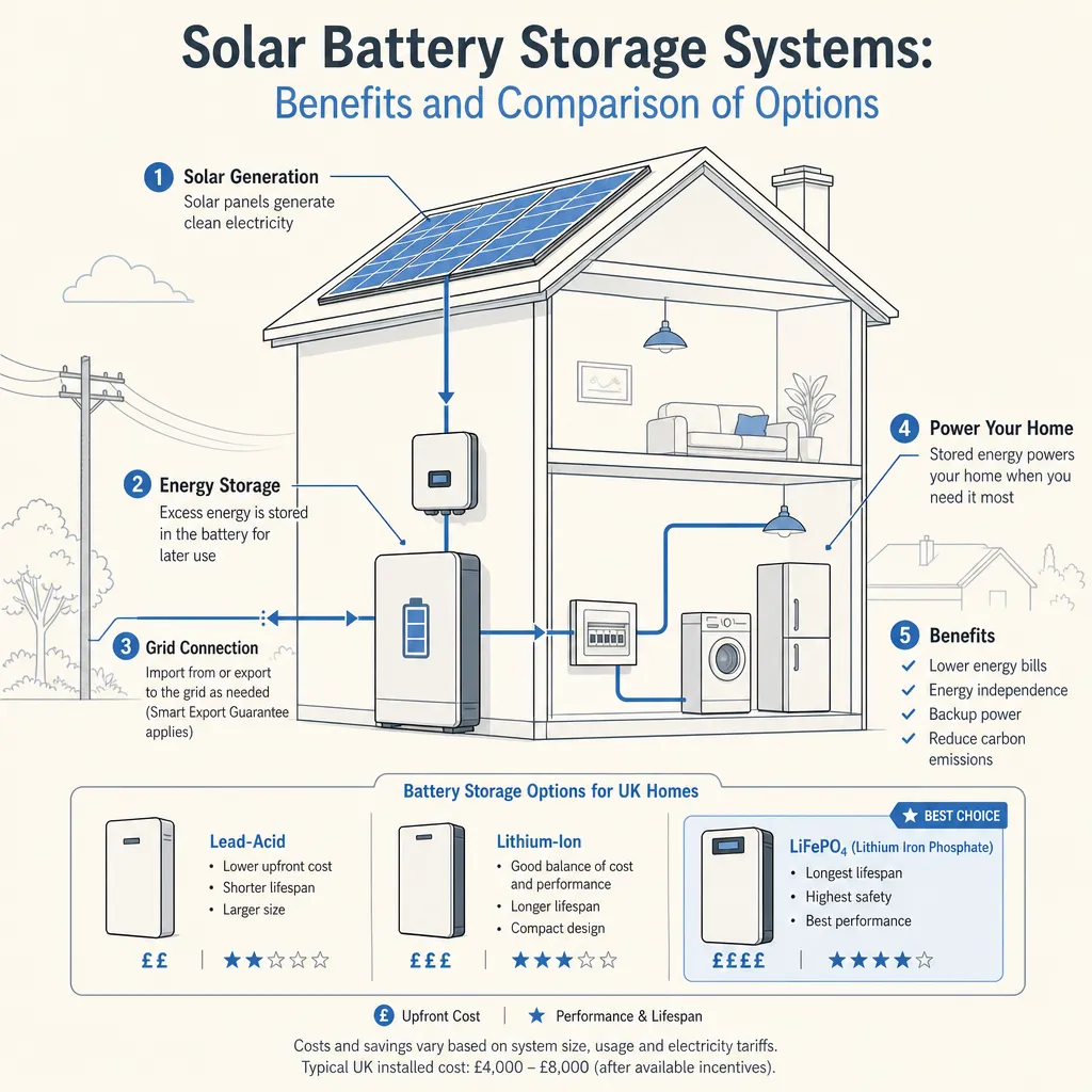Diagram illustrating: Solar Battery Storage Systems: Benefits and Comparison of Options