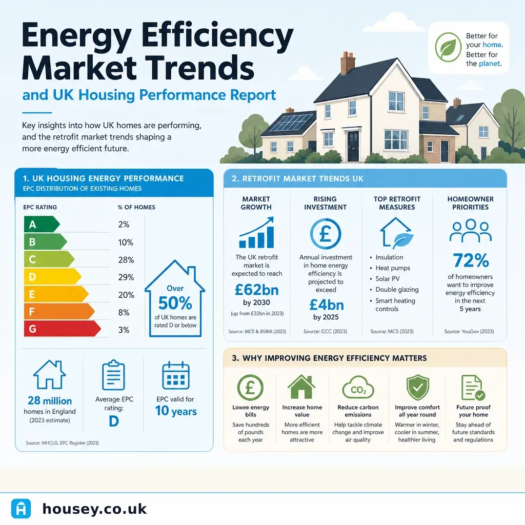 Infographic illustrating: Energy Efficiency Market Trends and UK Housing Performance Report