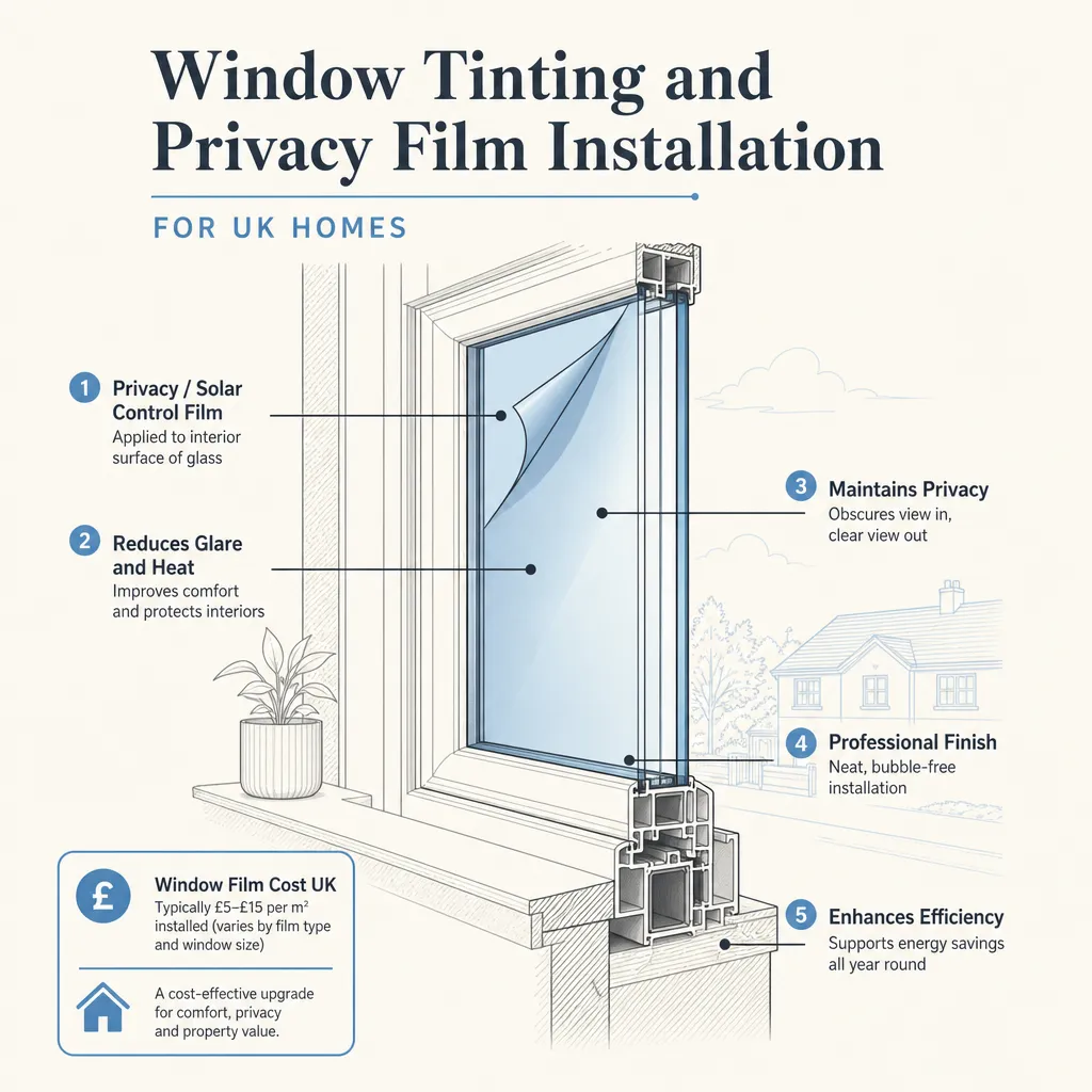 Diagram illustrating: Window Tinting and Privacy Film Installation