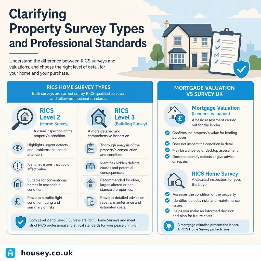 Infographic illustrating: Clarifying Property Survey Types and Professional Standards