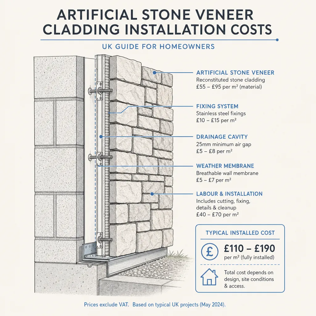 Diagram illustrating: Artificial Stone Veneer Cladding Installation Costs