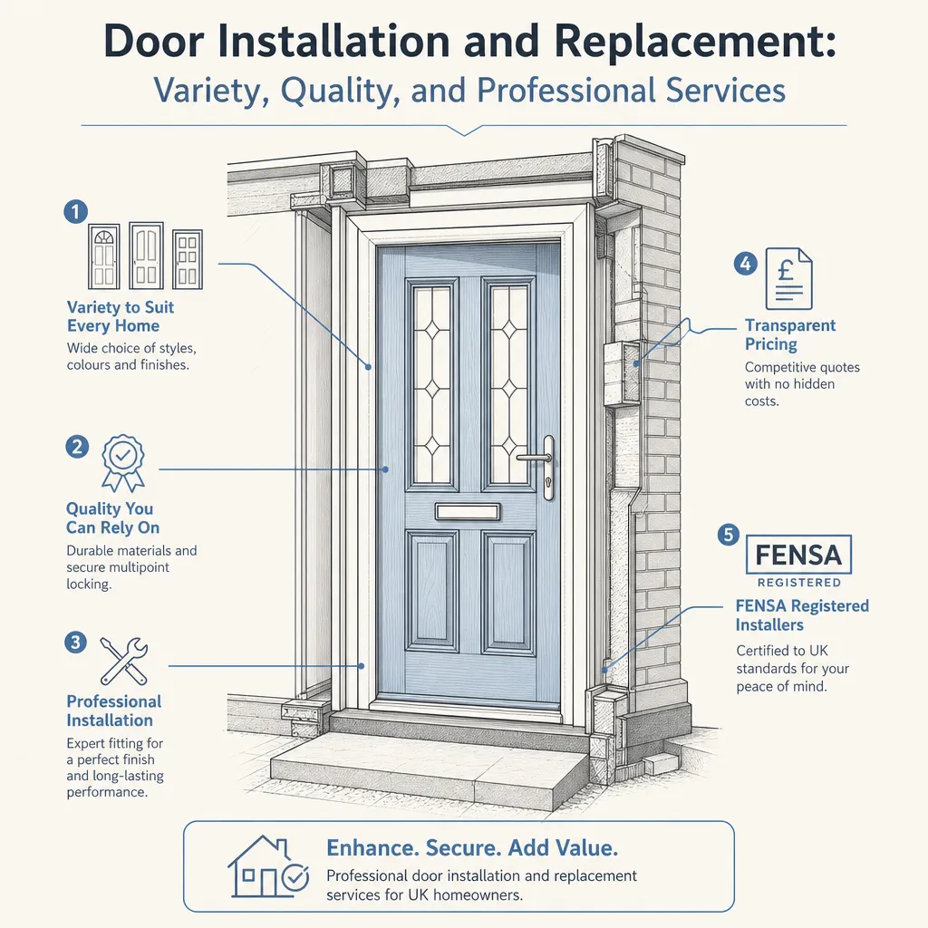 Diagram illustrating: Door Installation and Replacement: Variety, Quality, and Professional Services