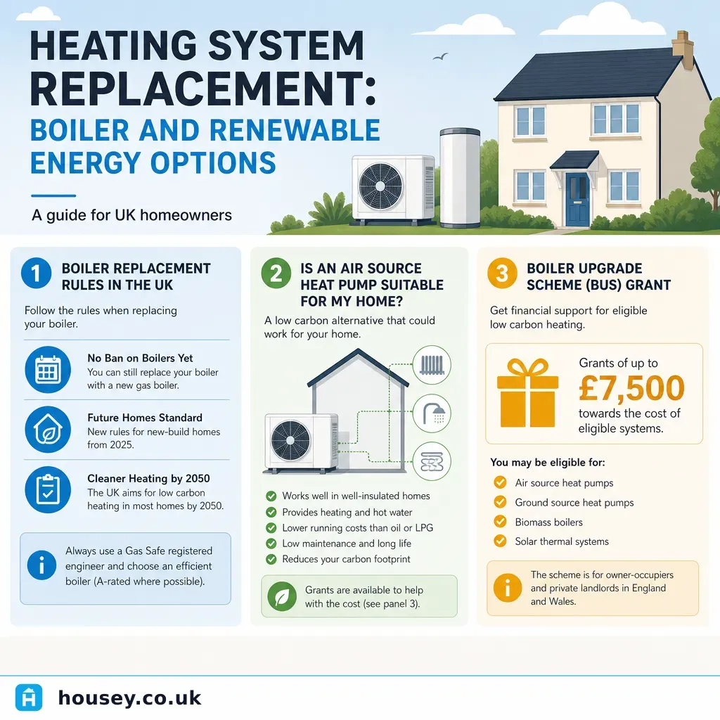 Infographic illustrating: Heating System Replacement: Boiler and Renewable Energy Options