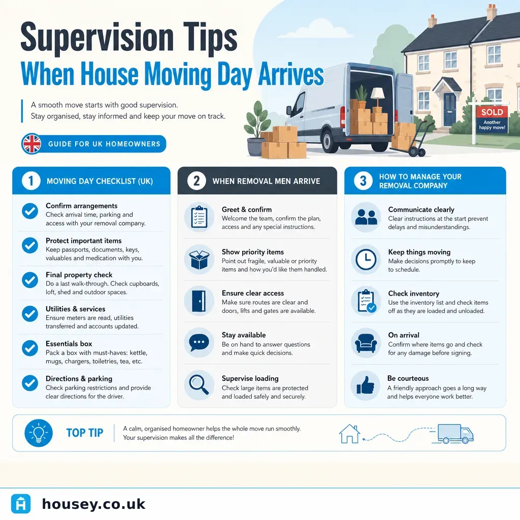 Infographic illustrating: Supervision Tips When House Moving Day Arrives